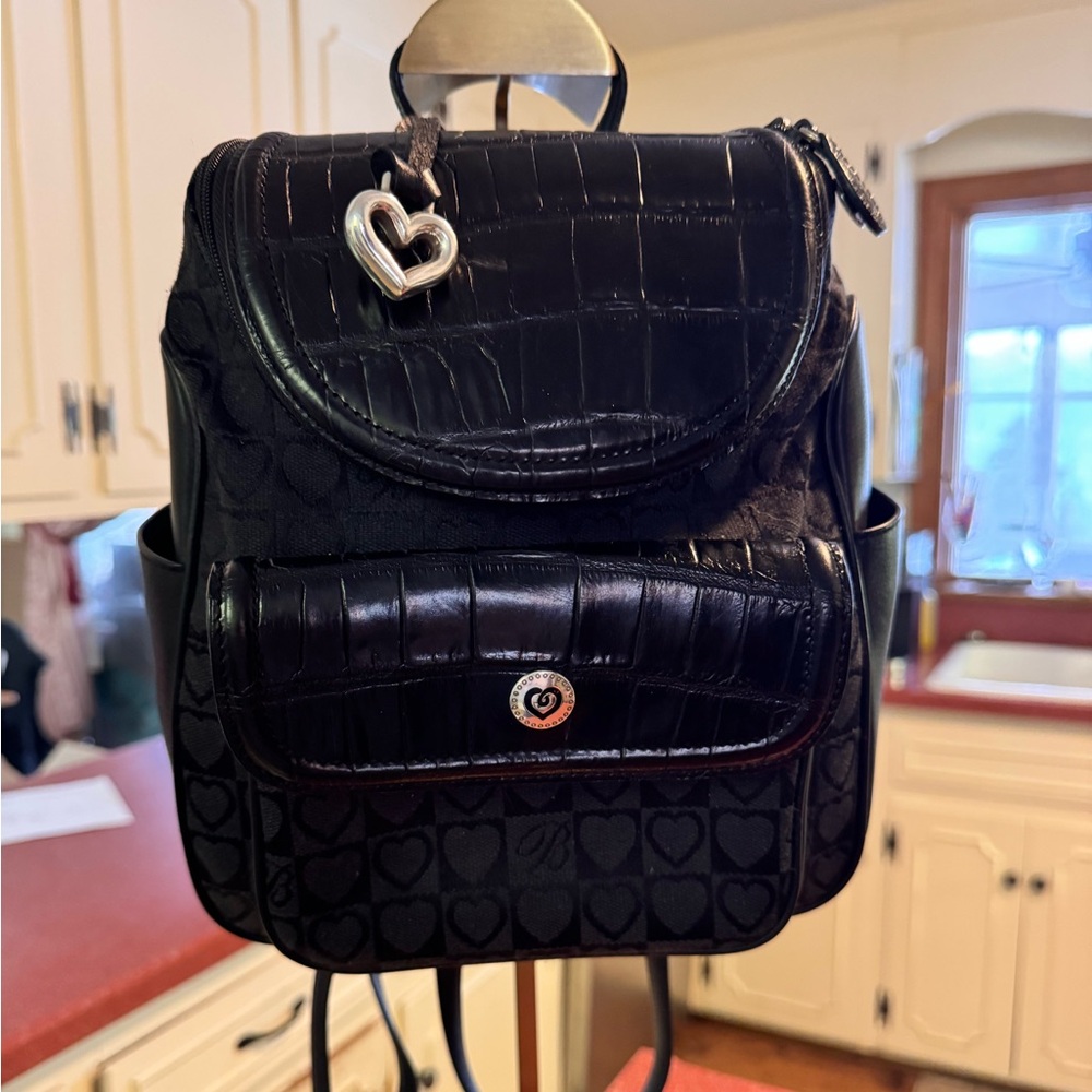 Brighton Croc Embossed Heart leather and canvas backpack EUC